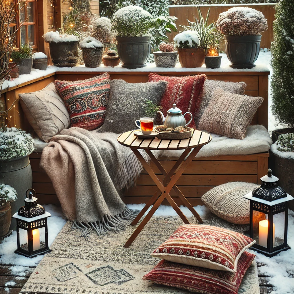 Create a Cozy Sitting Area with Outdoor Rugs and Pillows